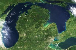 Satellite imagery of Lakes Huron and Michigan.