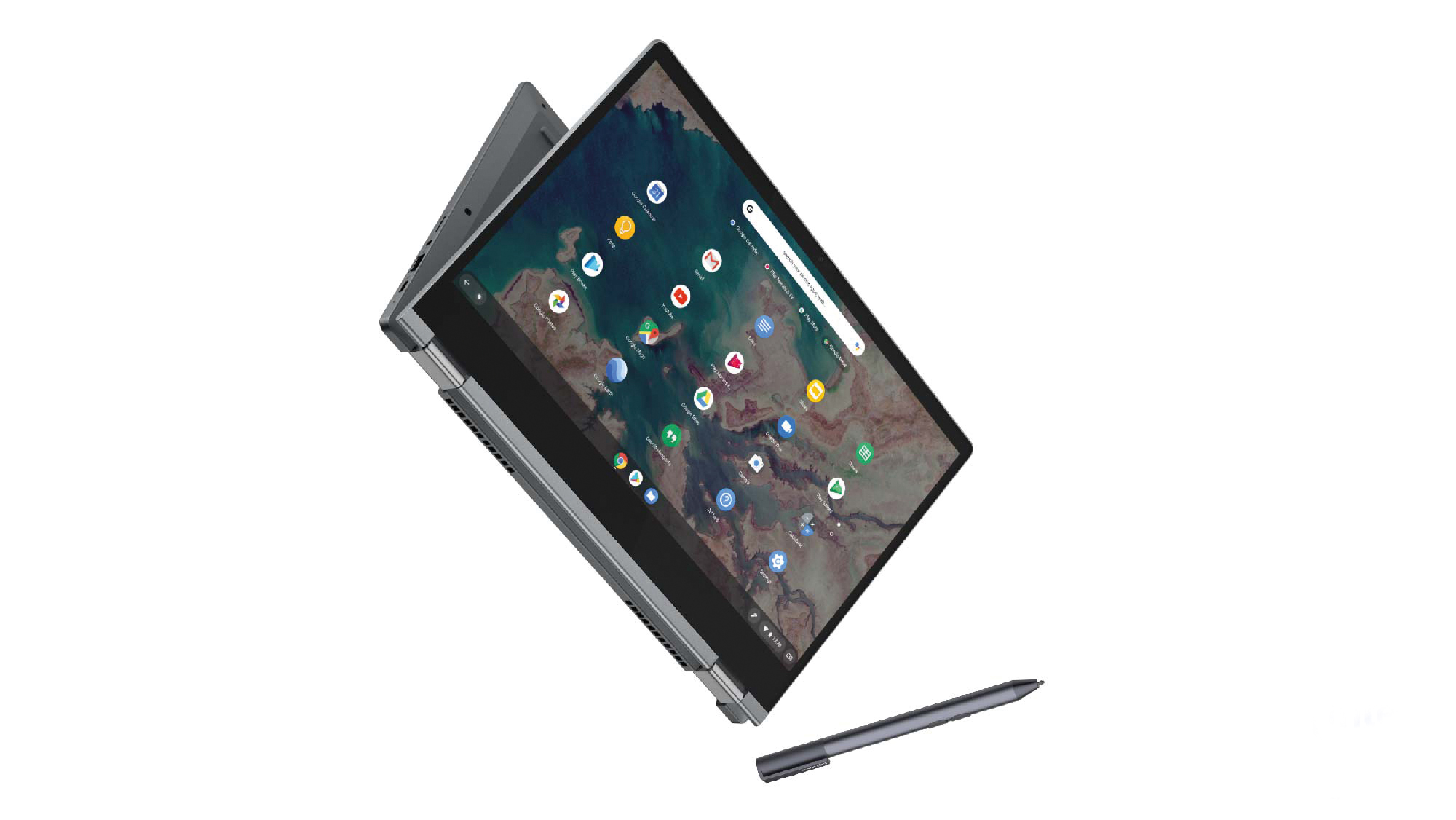 The Lenovo IdeaPad Flex 5 Chromebook in tablet mode with an active stylus