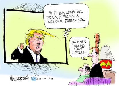 Political cartoon U.S. Trump wall national emergency address