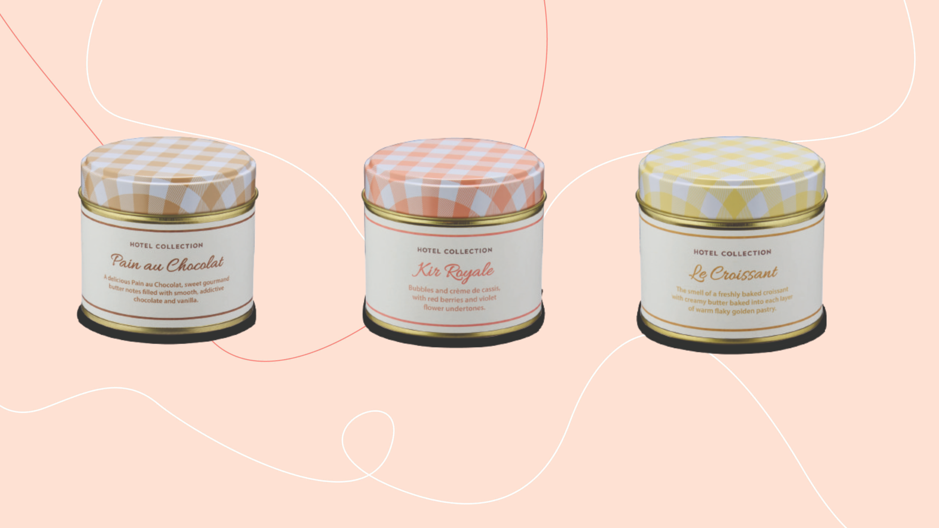 Aldi croissant candles, pain au chocolat candle and kir royal candle on pink background.