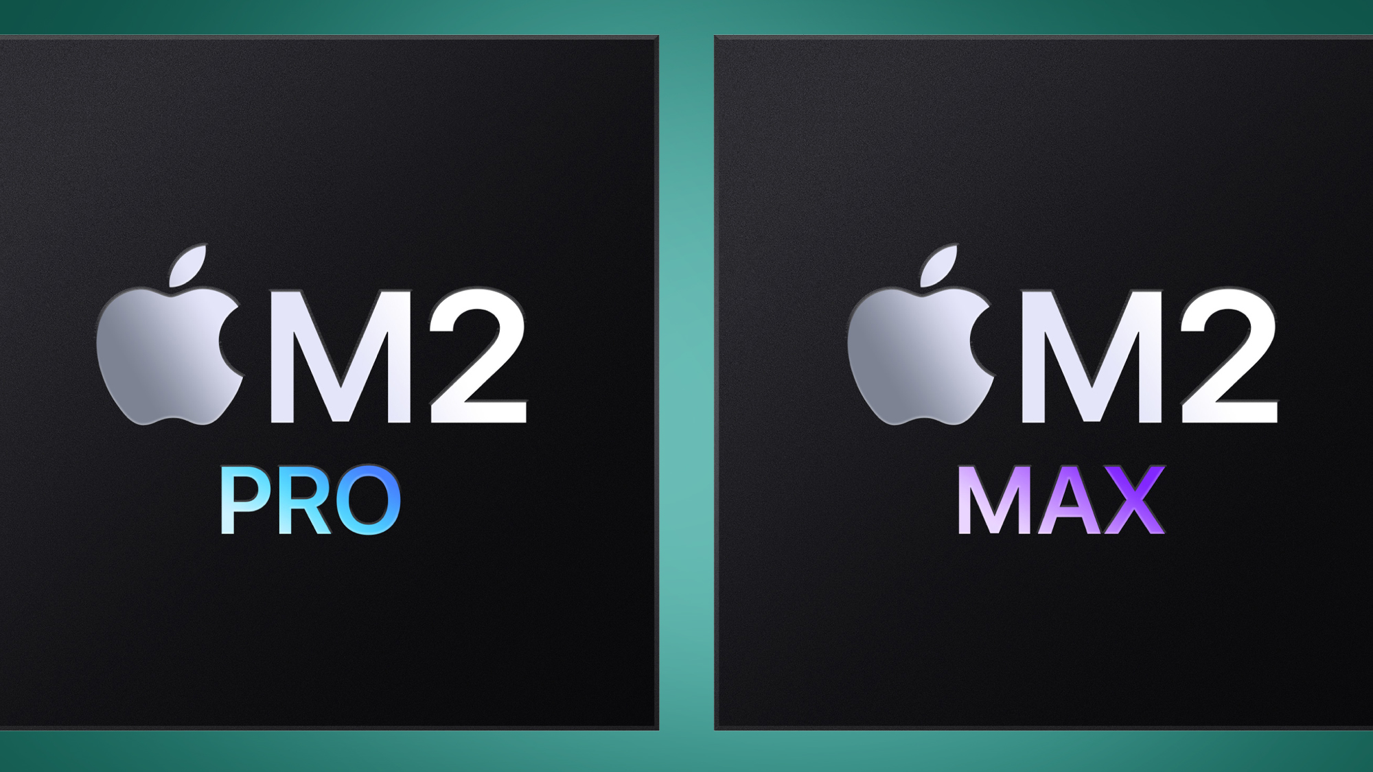 The Apple M2 Pro and M2 Max chips on a green background