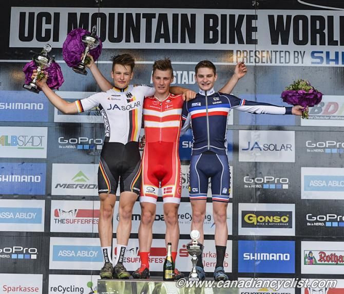 Junior men's cross country podium in Albstadt: Luca Schwarzbauer, Simon Andreassen, Hugo Pigeon