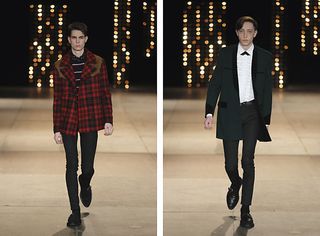 Two males on the catwalk modelling