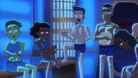 cartoon humanoids stand around in a brightly-lit futuristic-looking corridor