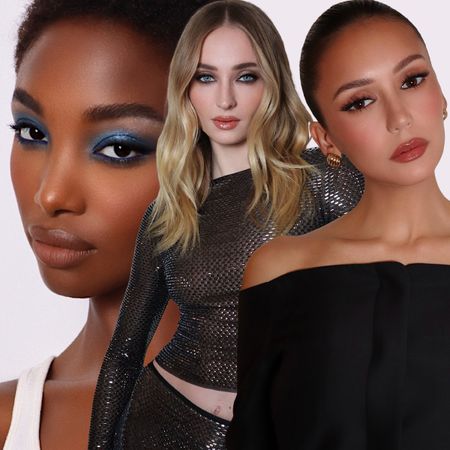 A woman wearing blue eye shadow, Sophie Turner wearing smudged eyeliner, and Nina Dobrev wearing terracotta blush