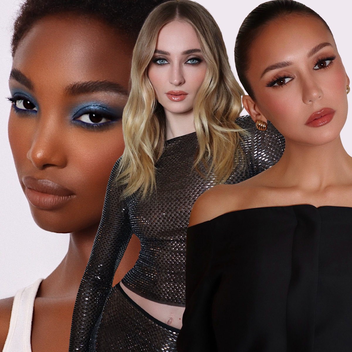 A woman wearing blue eye shadow, Sophie Turner wearing smudged eyeliner, and Nina Dobrev wearing terracotta blush