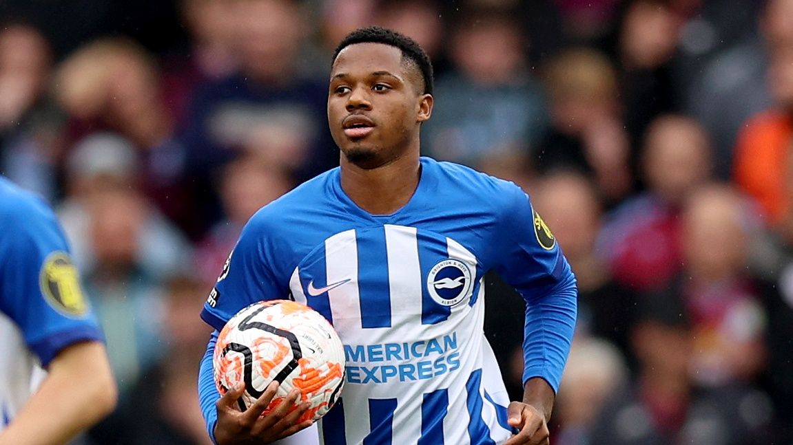 Ansu Fati of Brighton &amp; Hove Albion hold the ball tightly prior to the start of the Brighton vs Ajax live stream.