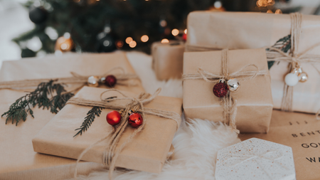 Christmas presents wrapped in brown paper