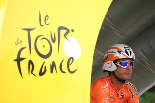 An Euskaltel rider gets ready at the Tour de France start ramp.