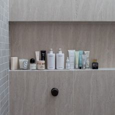 Photo of hair products on a shower shelf 