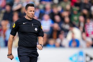 Referee Pol van Boekel looks on during the Eredivisie match between PEC Zwolle and FC Volendam in Zwolle, the Netherlands, March 2024.