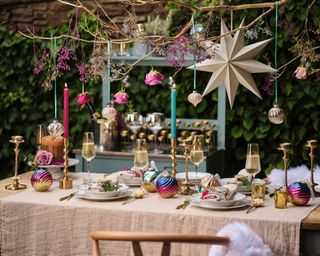 Colourful Christmas dining table outside