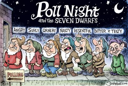 Political cartoon U.S. Poll night midterm elections Snow White and the Seven Dwarfs angry resentful bitter