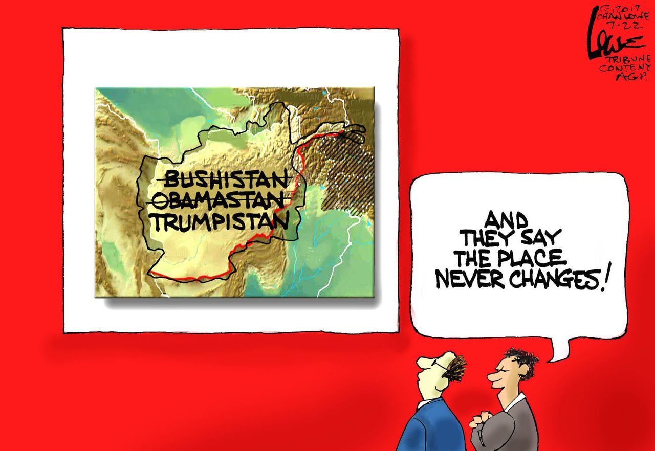 Political cartoon U.S. Afghanistan war Bush Obama Trump