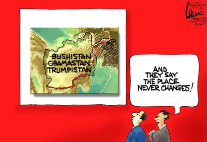 Political cartoon U.S. Afghanistan war Bush Obama Trump