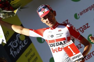 Lotto Soudal's Tiesj Benoot finished second on stage 9 of the 2019 Tour de France, and was handed the stage's 'most aggressive rider' award for his efforts