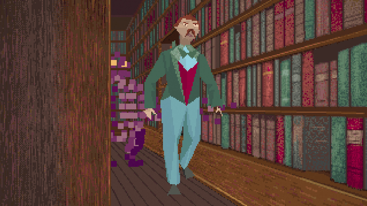 Edward Carnby moves through a library in Alone in the Dark 1992 while a book monster pursues