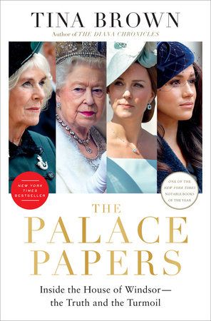 the palace papers by tina brown book cover with photos of kate middleton the queen megan markle and camila