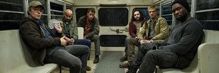 The Predator Thomas Jane Keegan Michael-Key Trevante Rhodes soldiers sitting on the bus