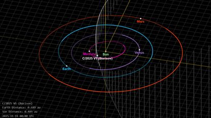 An orbital diagram showing the new comet C/2025 V1 (Borisov) at its closest point to Earth on Tuesday (Nov. 11)