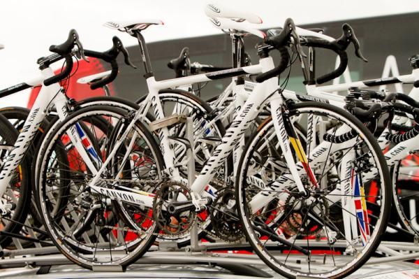 Canyon bikes on the roof of an Omega Pharma-Lotto team car