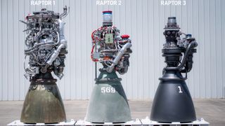 A series of three SpaceX rocket engines from left to right as they get sleeker and less complicated