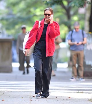 Katie Holmes wears the barn jacket trend in New York City