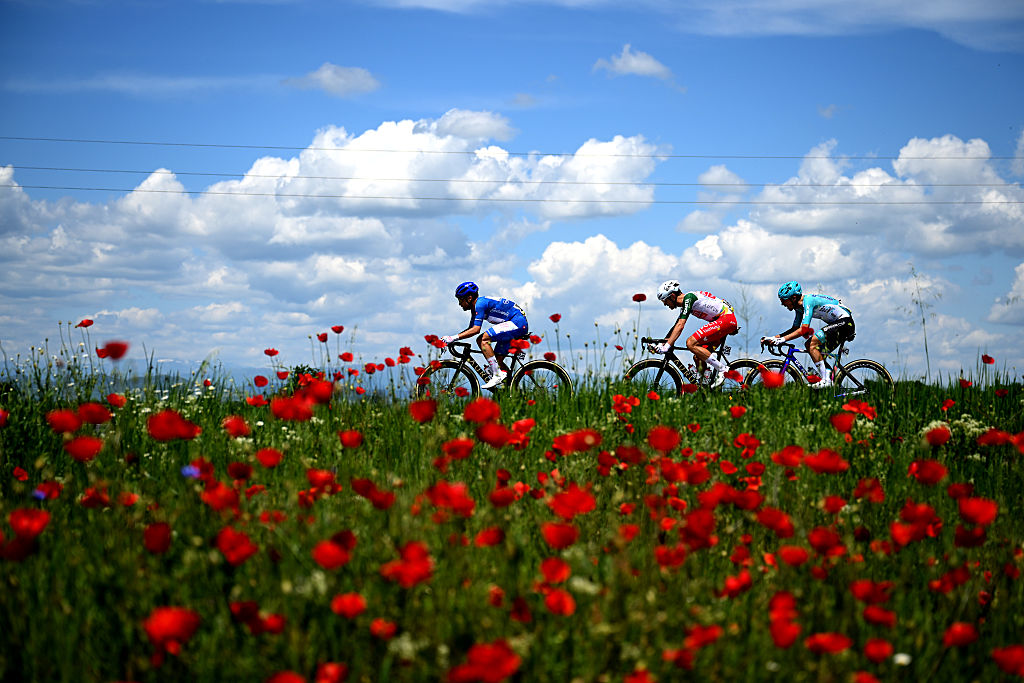 SOFIA, BULGARIA - MAY 10: (L-R) Diego Pablo Sevilla of Spain - Blue Mountain Jersey, Alessandro Tonelli of Italy and Team Polti VisitMalta and Manuele Tarozzi of Italy and Team Bardiani CSF 7 Saber compete in the breakaway during the 109th Giro d&amp;amp;apos;Italia 2026, Stage 3 a 175km stage from Plovdiv to Sofia / #UCIWT / on May 10, 2026 in Sofia, Bulgaria. (Photo by Dario Belingheri/Getty Images)