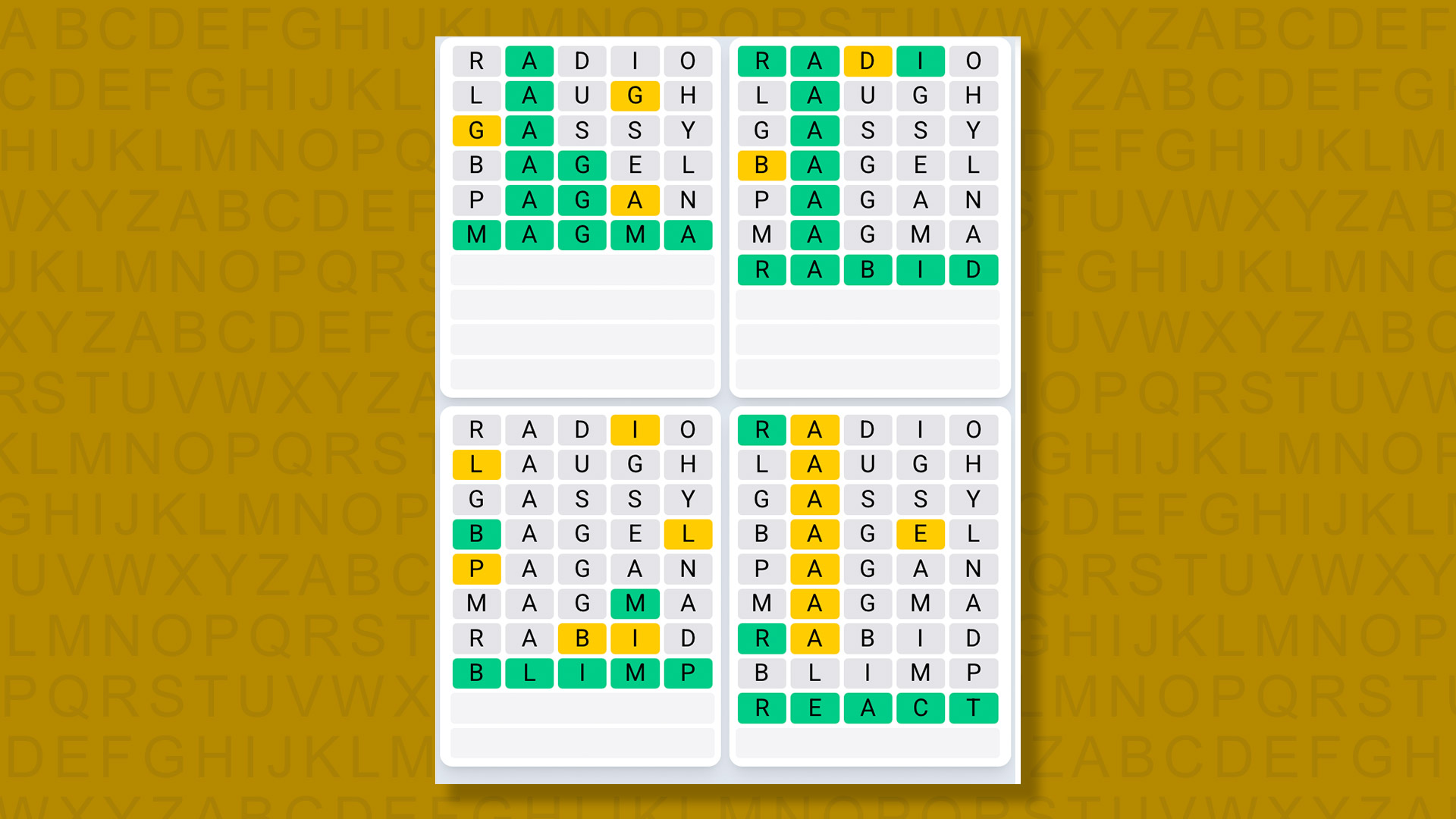 Quordle Daily Sequence answers for game 1428 on a yellow background