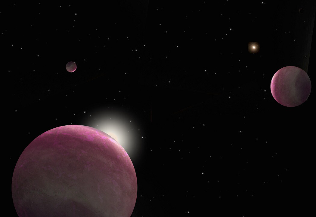 Two large spheres float near each other in the darkness of space
