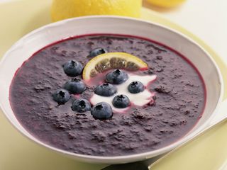 Blueberry thyme soup with honey-vanilla mascarpone