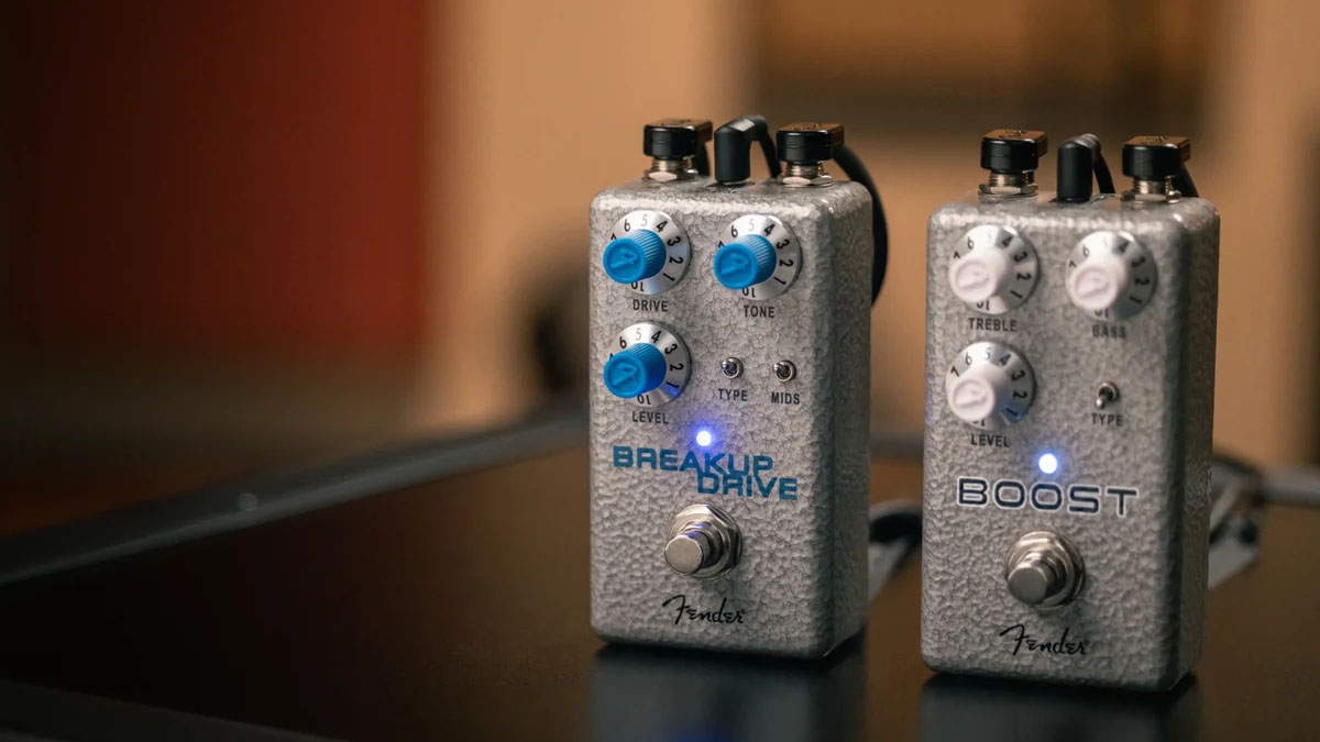 Fender Hammertone Boost and Breakup Drive pictured in close-up, with the background out of focus. 
