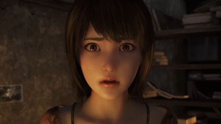 Mio Amakura from Fatal Frame 2 remake with the camera zooming in on her face as she looks surprised