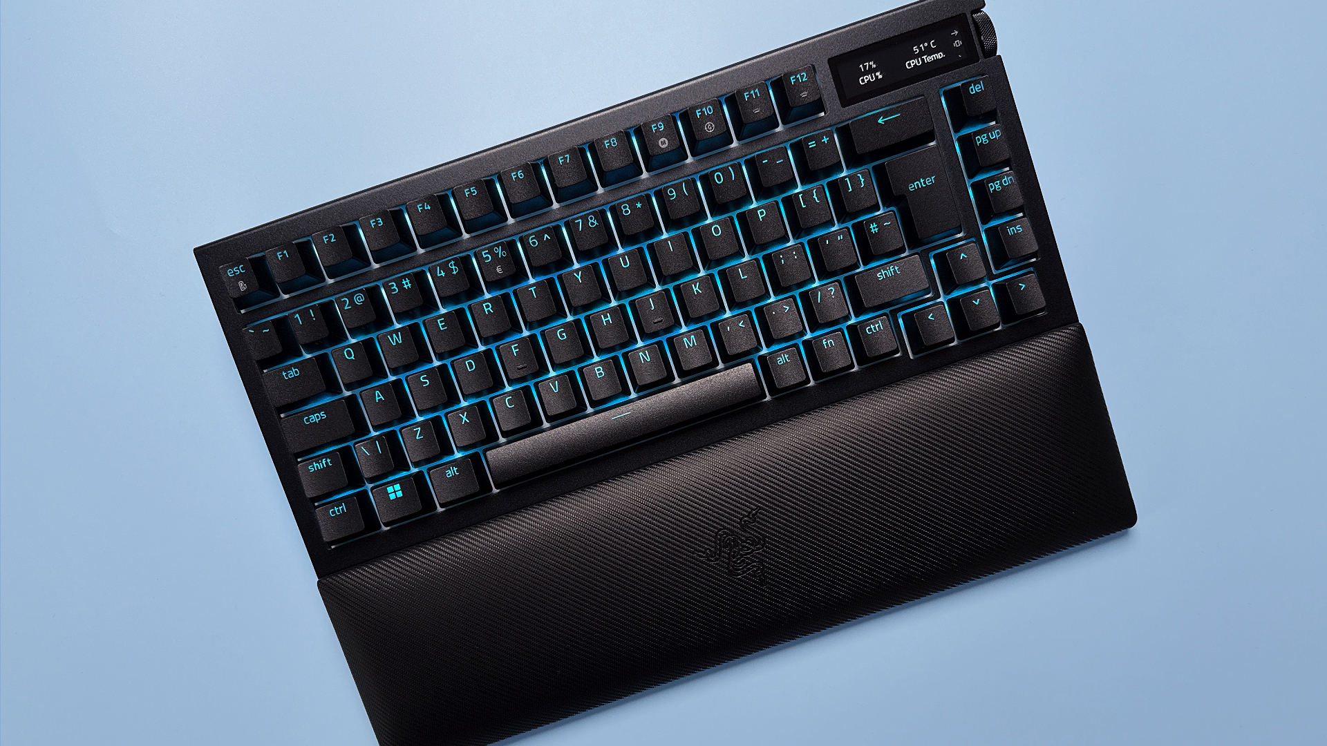 Razer BlackWidow V4 Pro 75% keyboard from various angles on a light blue background