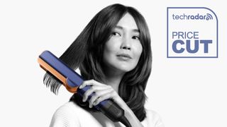 Woman pictured in black and white using Dyson Airstrait, which is in colour, on her hair. "Price Cut" text and the TechRadar logo are in the top right corner.