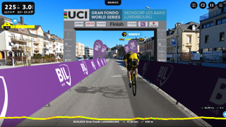 A screenshot of the Gran Fondo world series finish line from within Rouvy
