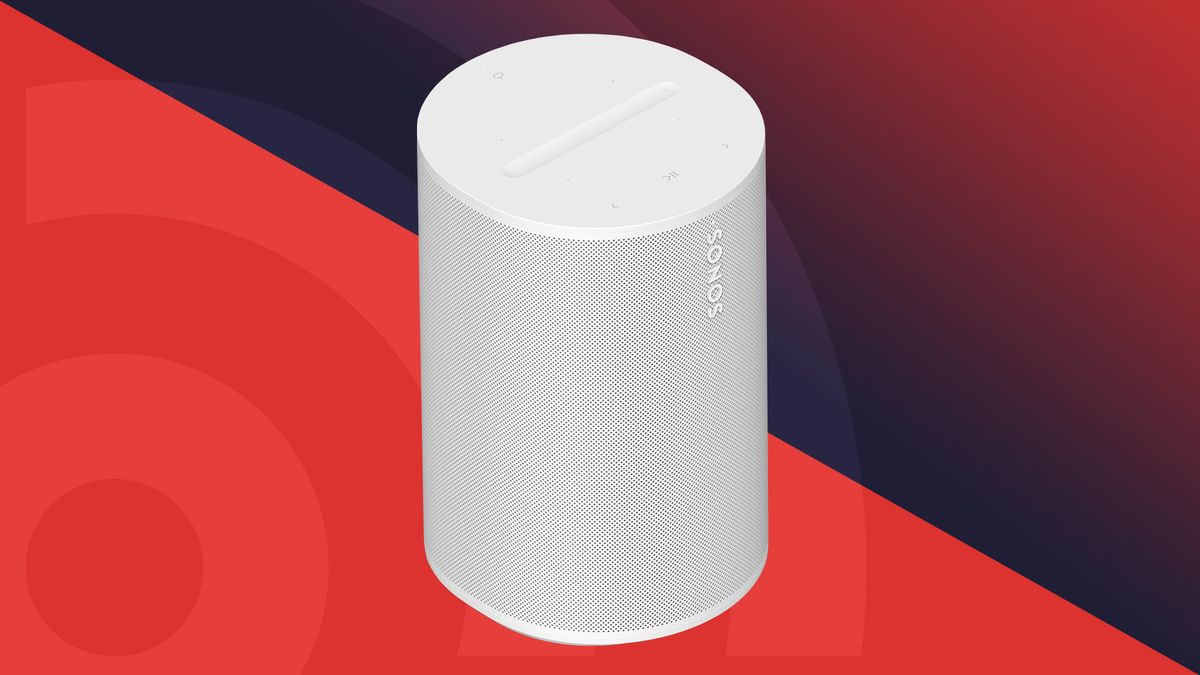 Sonos Era 100 speaker sitting against a colorful background with the TechRadar logo