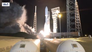 A United Launch Alliance Atlas V rocket launches the ViaSat-3 F2 satellite from Florida on Nov. 13, 2025.