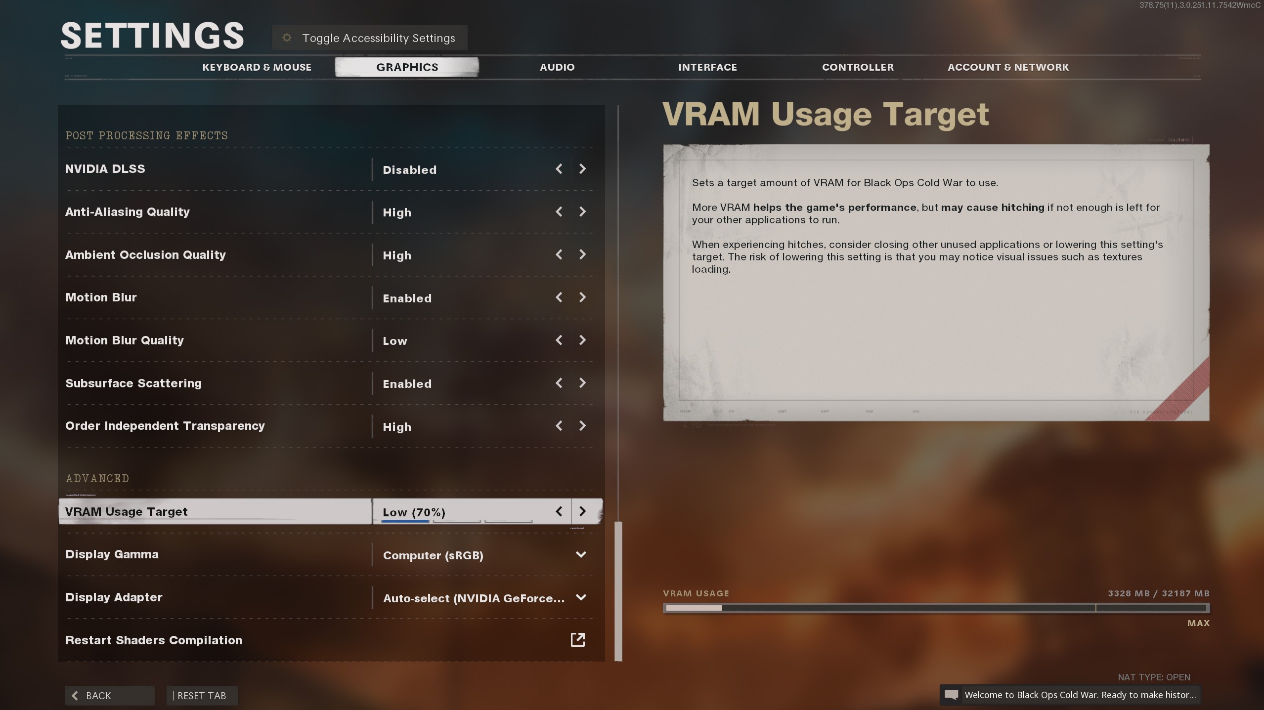 A screenshot of the graphics settings menu in Call of Duty: Black Ops Cold War detailing the VRAM target percentage.