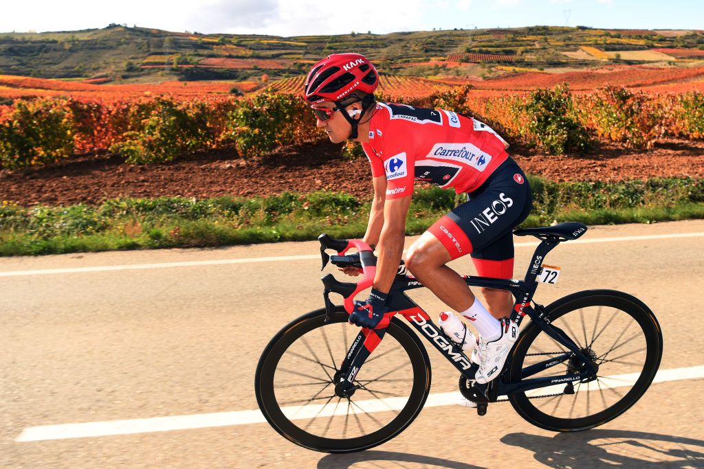 ALTODEMONCALVILLO SPAIN OCTOBER 28 Richard Carapaz of Ecuador and Team INEOS Grenadiers Red Leader Jersey Vineyards during the 75th Tour of Spain 2020 Stage 8 a 164km stage from Logroo to Alto de Moncalvillo 1490m lavuelta LaVuelta20 on October 28 2020 in Alto de Moncalvillo Spain Photo by David RamosGetty Images