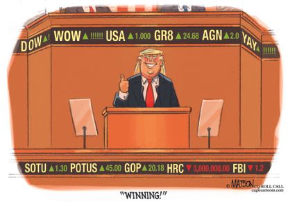 Political cartoon U.S. Trump State of the Union stock market economy Hillary Clinton FBI