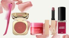 Collage of affordable romantic rosy beauty buys, from Tangle Teezer, No7, Laneige, NARS and Lush, on a beige background with pink rose petals