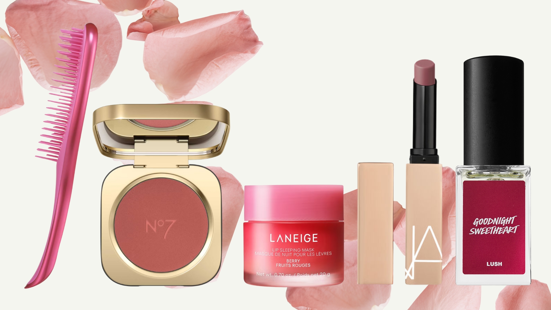 Collage of affordable romantic rosy beauty buys, from Tangle Teezer, No7, Laneige, NARS and Lush, on a beige background with pink rose petals