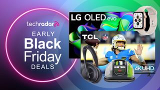 TVs, headphones and smartwatches surrounding the TechRadar early Black Friday deals logo
