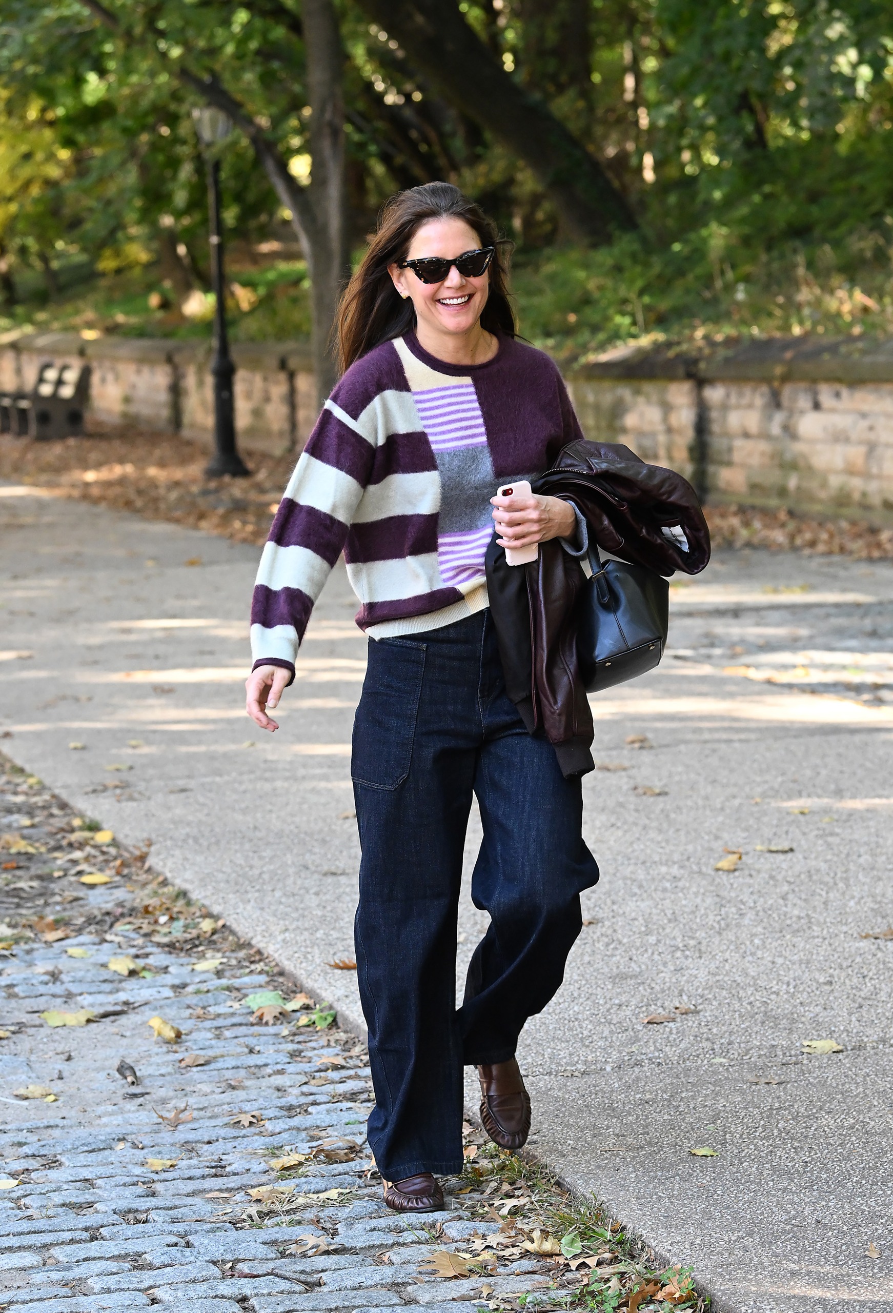 Katie Holmes wore a leather jacket and striped sweater from Banana Republic's designer collaboration with Zankov