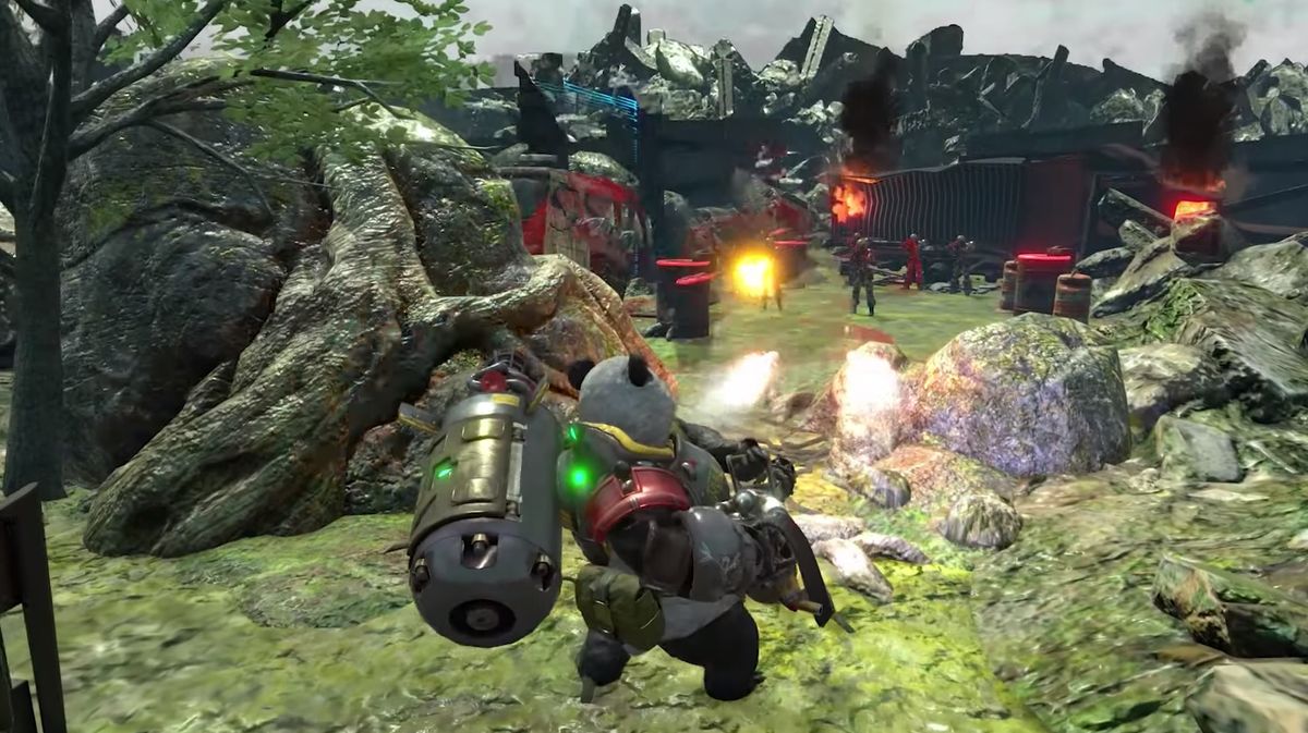 Contra: Rogue Corps is a twin-stick shooter with a cyborg panda