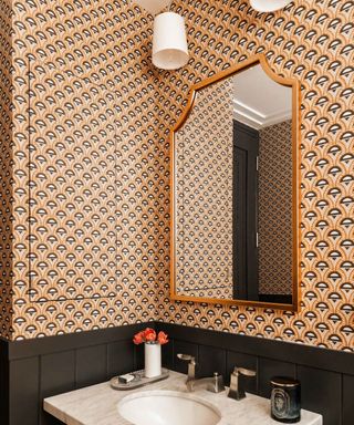 cloakroom bathroom with art deco wallpaper