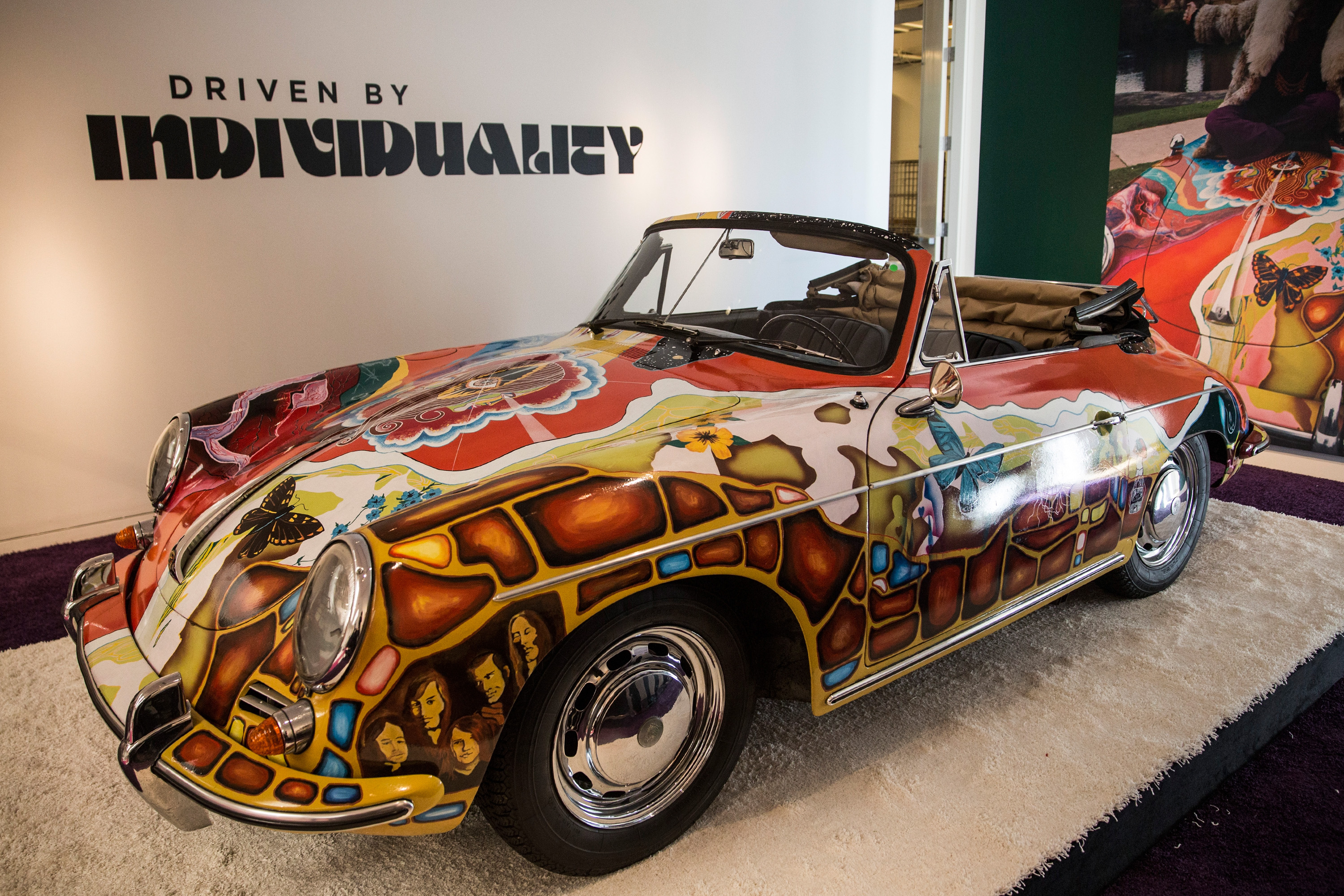 NEW YORK, NY - DECEMBER 04:The Janis Joplin 1964 Porsche 356 C 1600 SC Cabriolet sits on display at Sotheby's during a press preview before the "Driven by Disruption" auction on December 4, 2