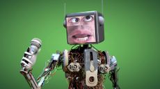Humanoid robot developed with artificial intelligence technology holding a microphone