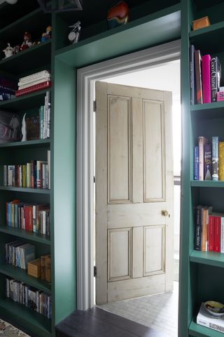 bookcase in green around door